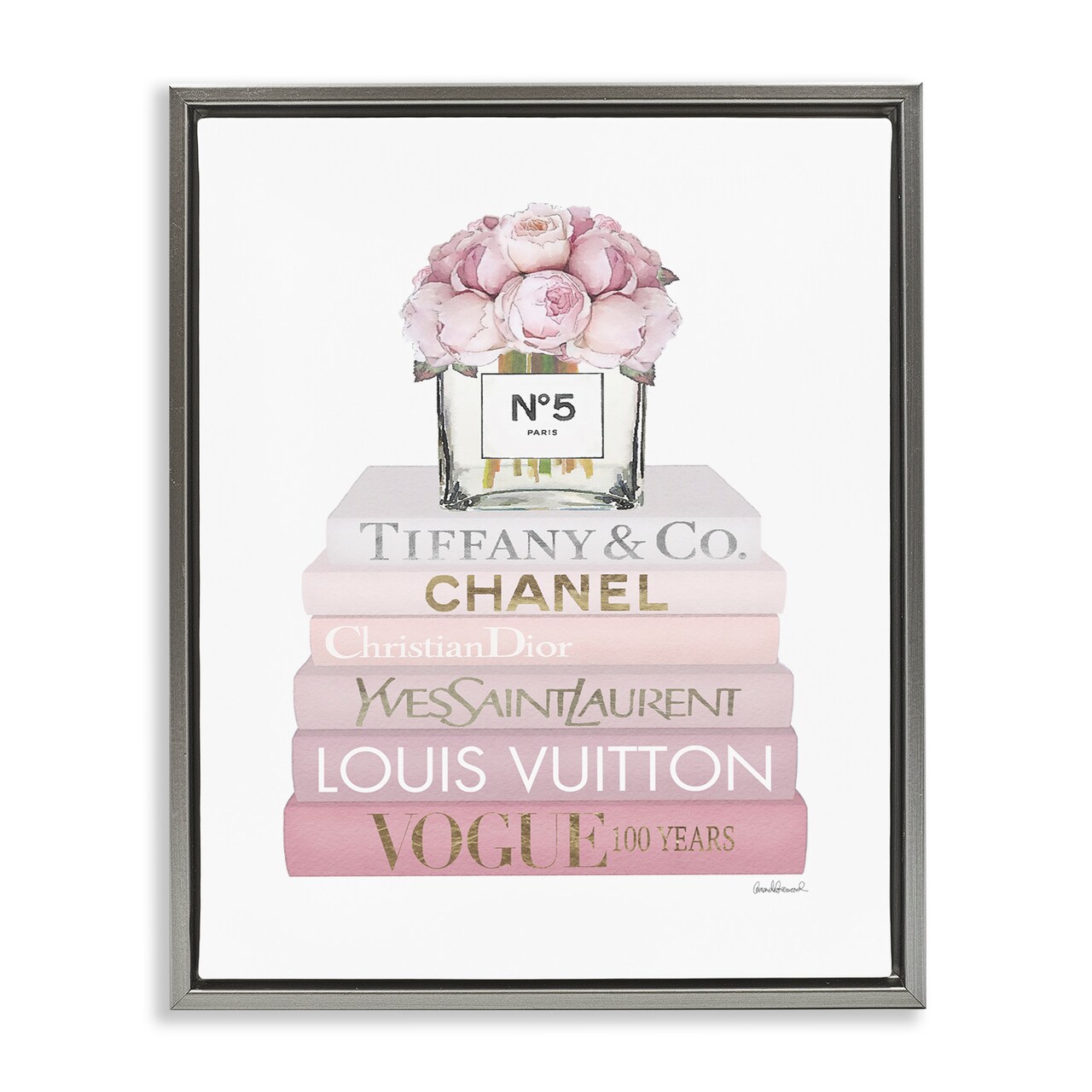Stupell Industries Pink Rose Bouquet Bookstack Framed Floater Canvas Wall Art